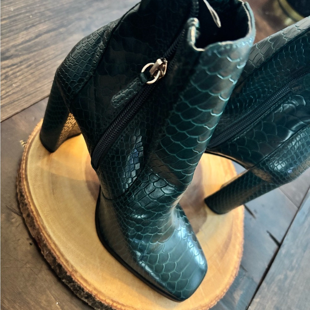 Women’s Teal Snake-Embossed High Heel Ankle Boots